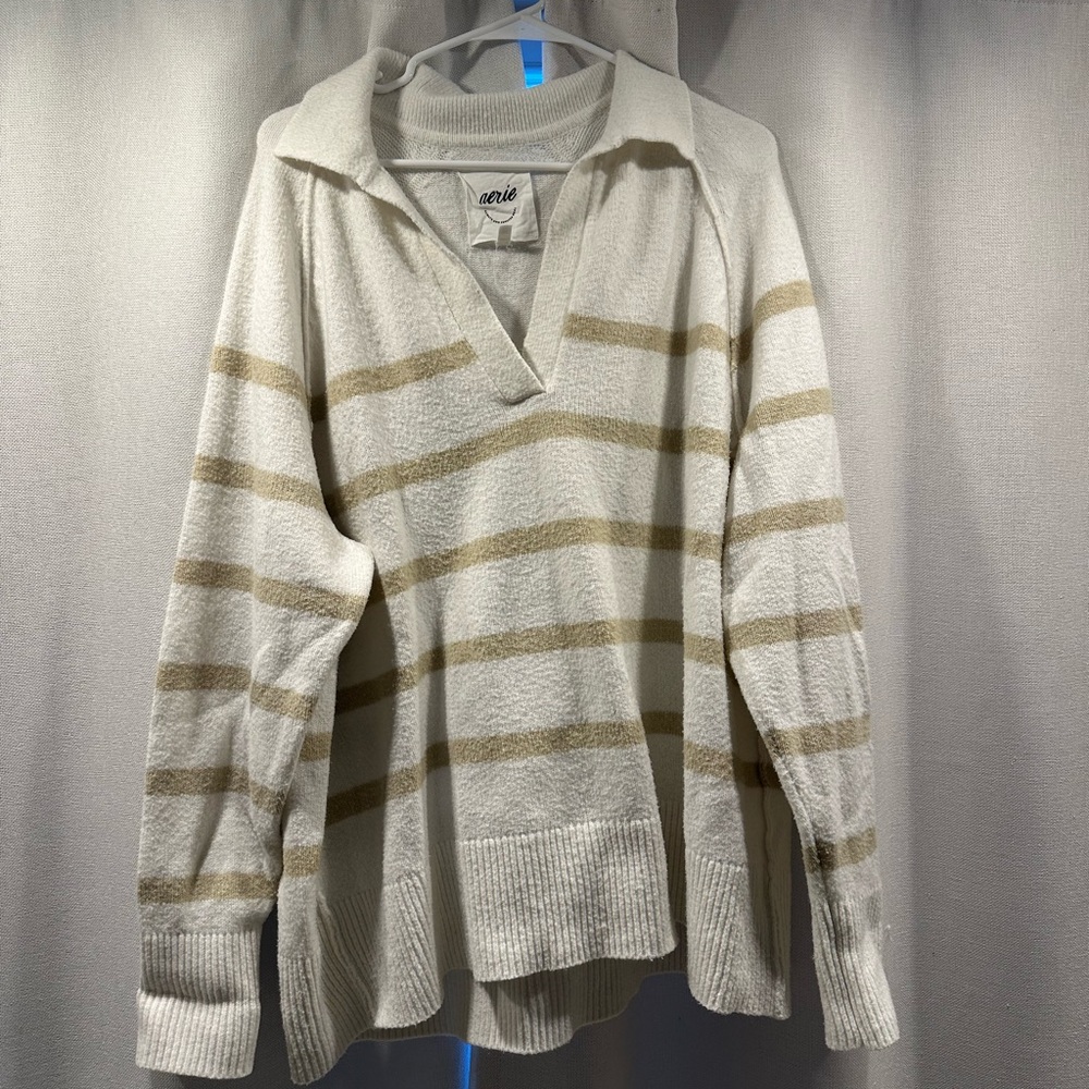 aerie Cream and Tan Striped V-Neck Collared Sweater